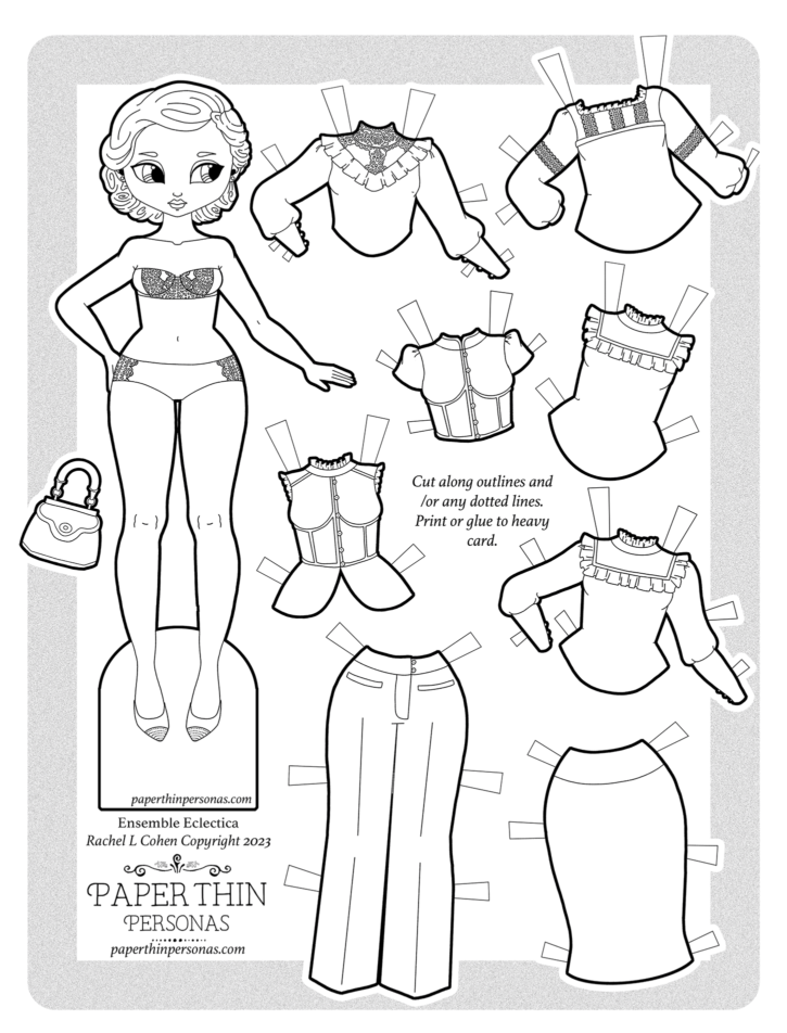 A victorian fashion inspired printable paper doll coloring page with an 8 piece mix and match wardrobe.
