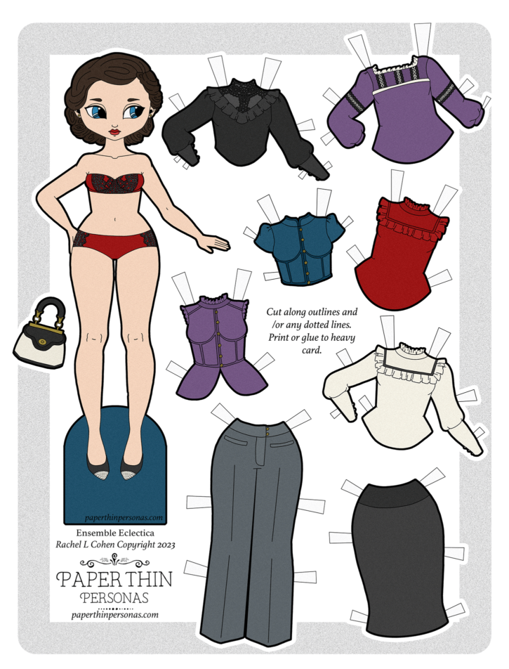 A victorian fashion inspired printable paper doll with dark hair, fair skin and an 8 piece mix and match wardrobe.