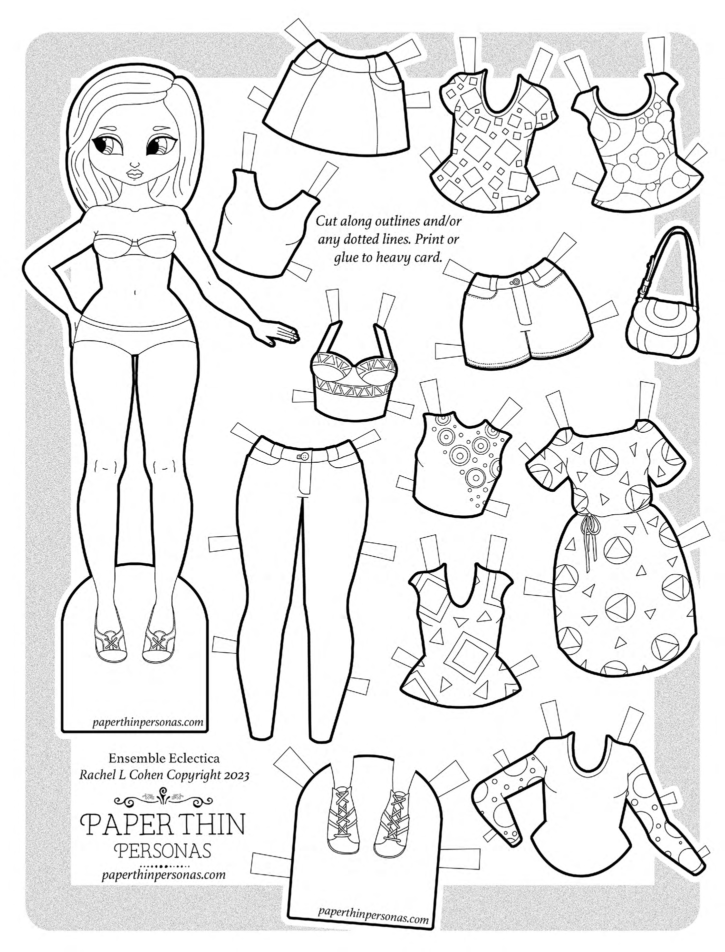Black and white printable paper doll coloring page with geometric clothing patterns to cut out.