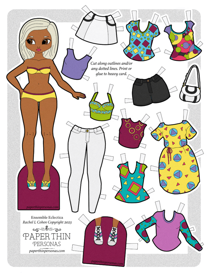 Printable mix and match paper doll with blond hair, tan skin, and bright geometric patterned dresses from the Ensemble Eclectica series.