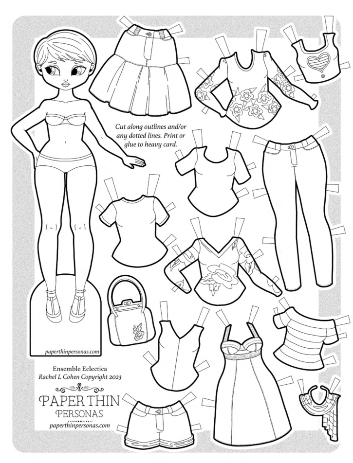 Free coloring page featuring a lovely paper doll and her retro paper doll clothes with jeans, funky florals, and matching purse. A free printable coloring sheet for you to enjoy.