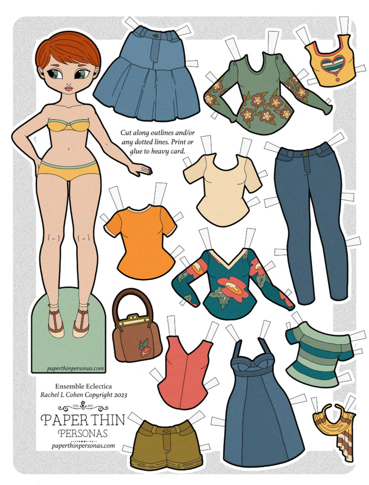 A beautiful redheaded paper doll and her retro paper doll clothes with jeans, funky florals, and matching purse. A free printable paper doll for you to enjoy!