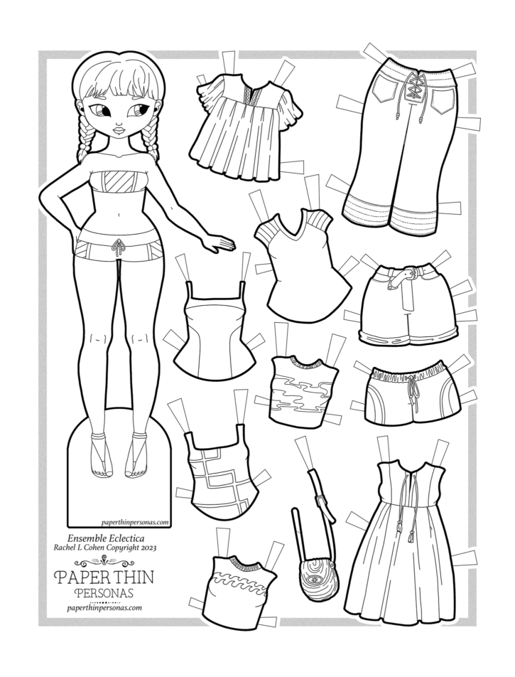 A cute little asian paper doll coloring page with a ten part mix and match wardrobe of beach themed clothing options. 