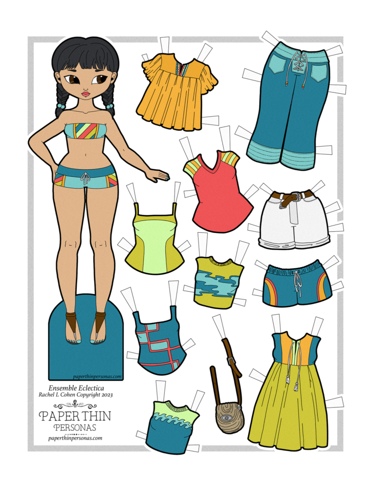 A cute little asian paper doll with a ten part mix and match wardrobe of beach themed clothing options. 
