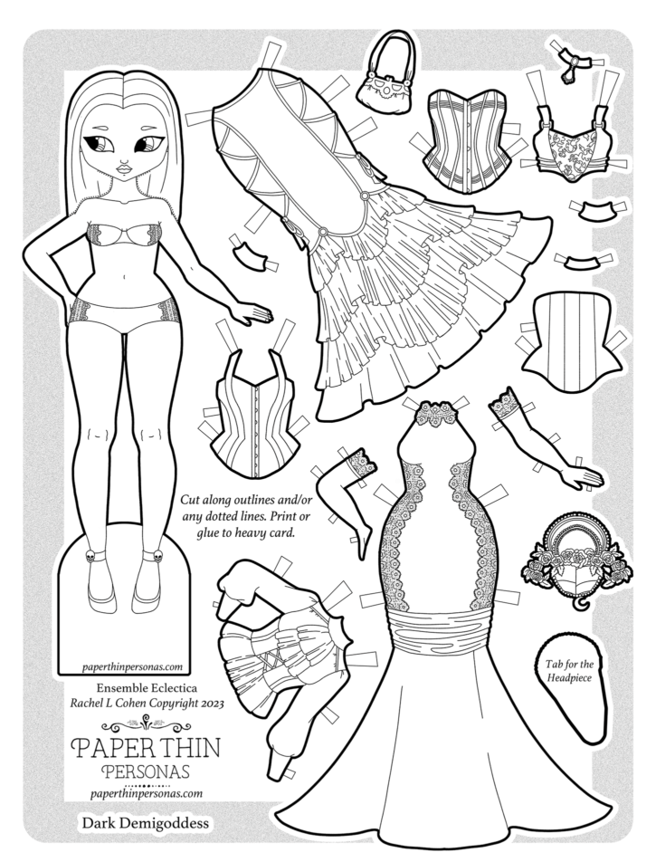 A gothic fashion paper doll printable coloring page with a little mini-wardrobe of 15 different pieces, long straight hair, and lots of outfits you can make. 