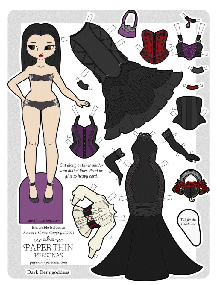 A gothic fashion paper doll printable with a little mini-wardrobe of 15 different pieces. 