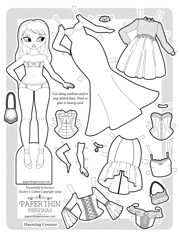 A gothic wardrobe paper doll template printable for coloring. She has a 13 piece mix and match wardrobe. A little Halloween fun.