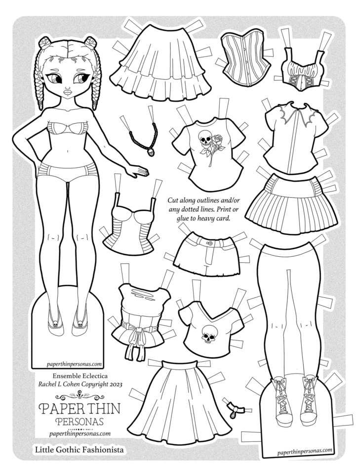Celebrate the October season with this little printable Halloween dress up doll and her gothic wardrobe. A coloring page, this paper doll has a 14 piece mix and  match wardrobe. 