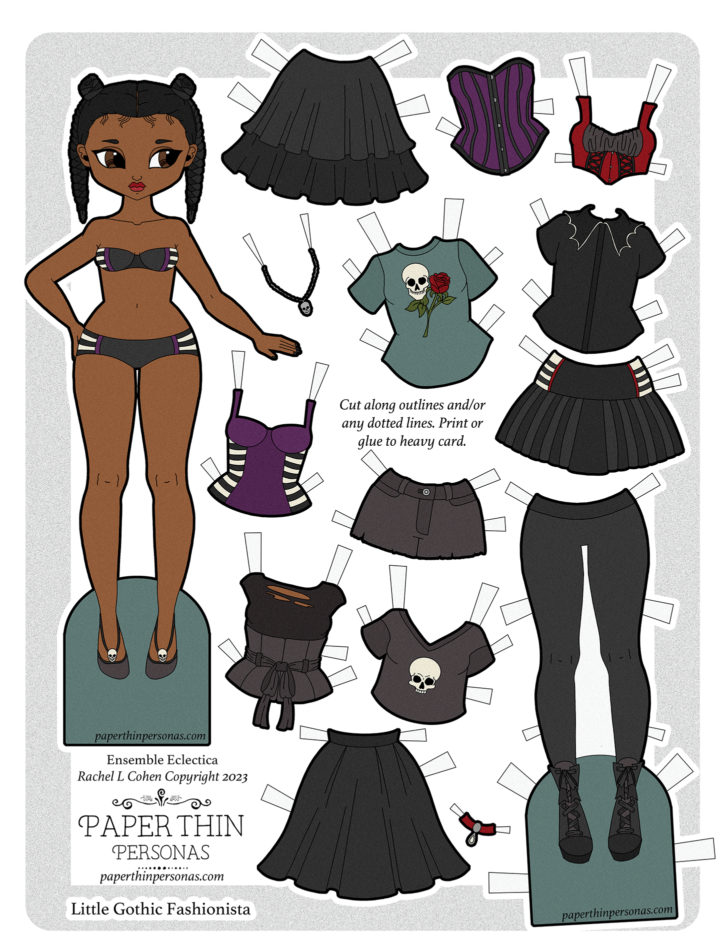 Celebrate the October season with this Halloween dress up doll printable. She has a cute modern gothic wardrobe and lots of mix and match clothing options. 