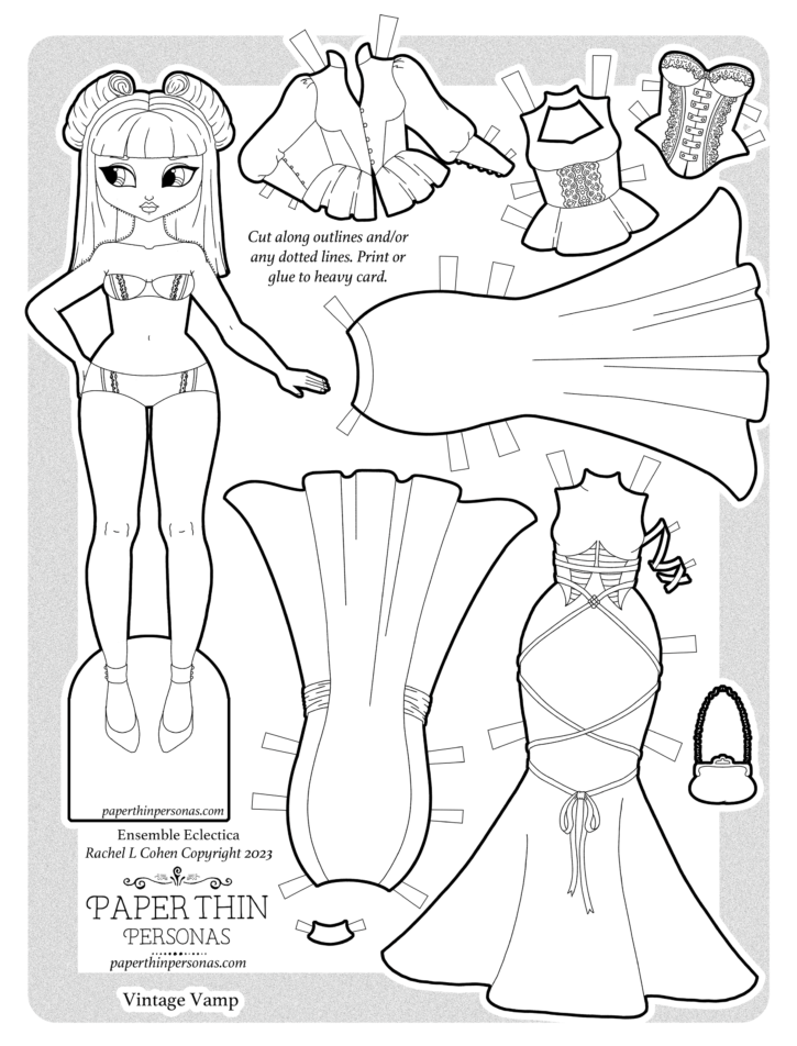 A retro gothic fashion printable paper doll coloring page with a mix and match wardrobe. 