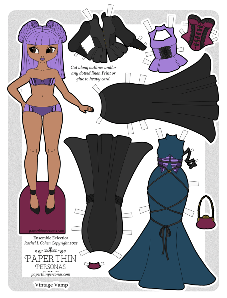 A retro gothic fashion printable paper doll with a mix and match wardrobe. 