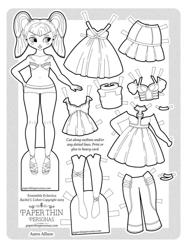 Black and white alien paper doll cut outs to color with a doll and 10 piece wardrobe.