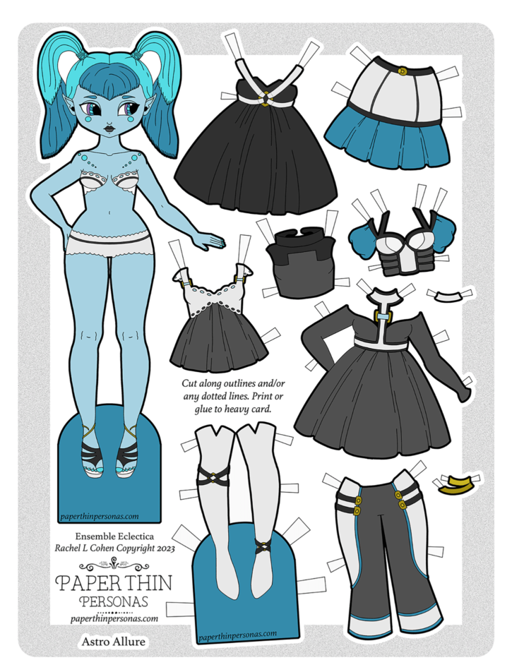 Super fun alien paper doll cut outs
with a doll and a mix and match wardrobe.