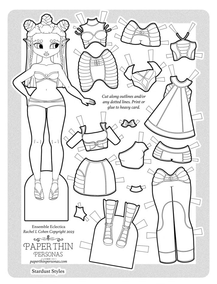 A cute alien paper doll printable with a mix and match wardrobe to color. 