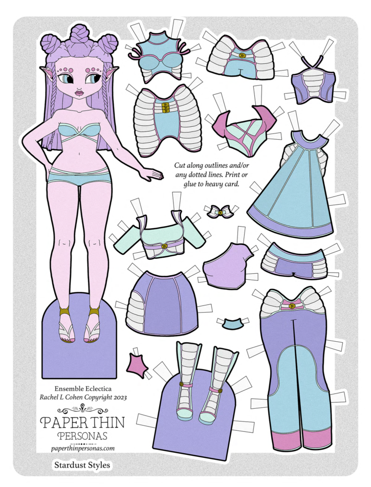 A cute alien paper doll printable with a colorful pastel wardrobe. 
