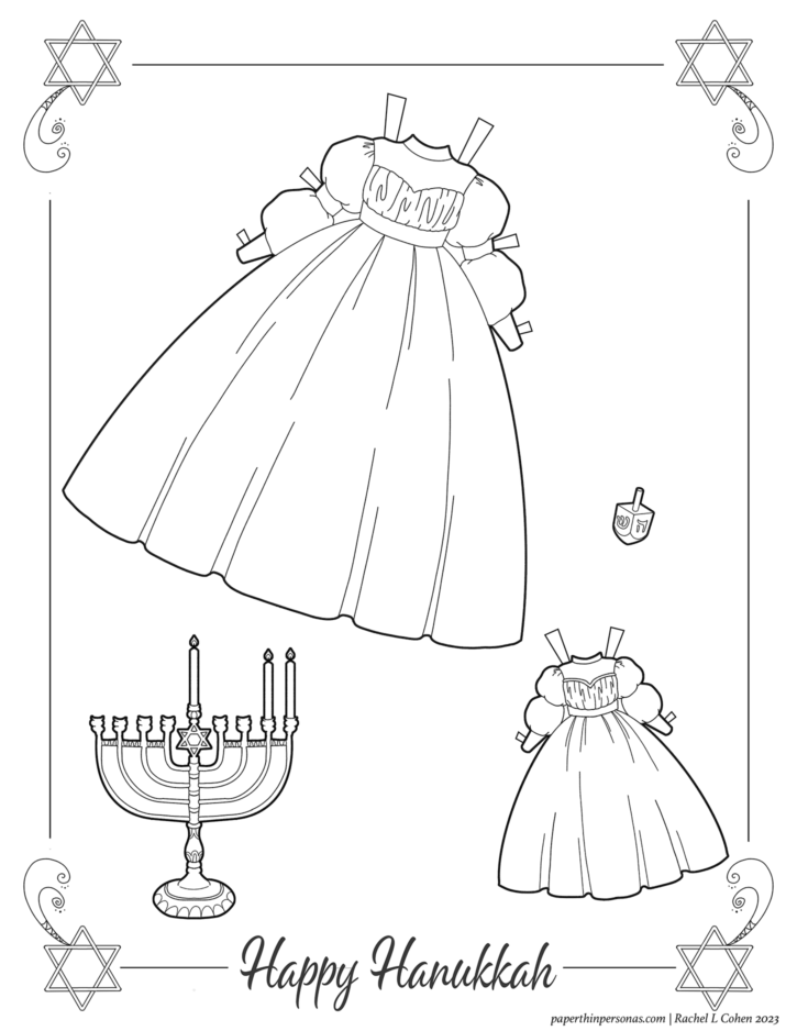 A Hanukkah coloring page with a dreidel and menorah. Two dresses for paper dolls are in the center of the image. 