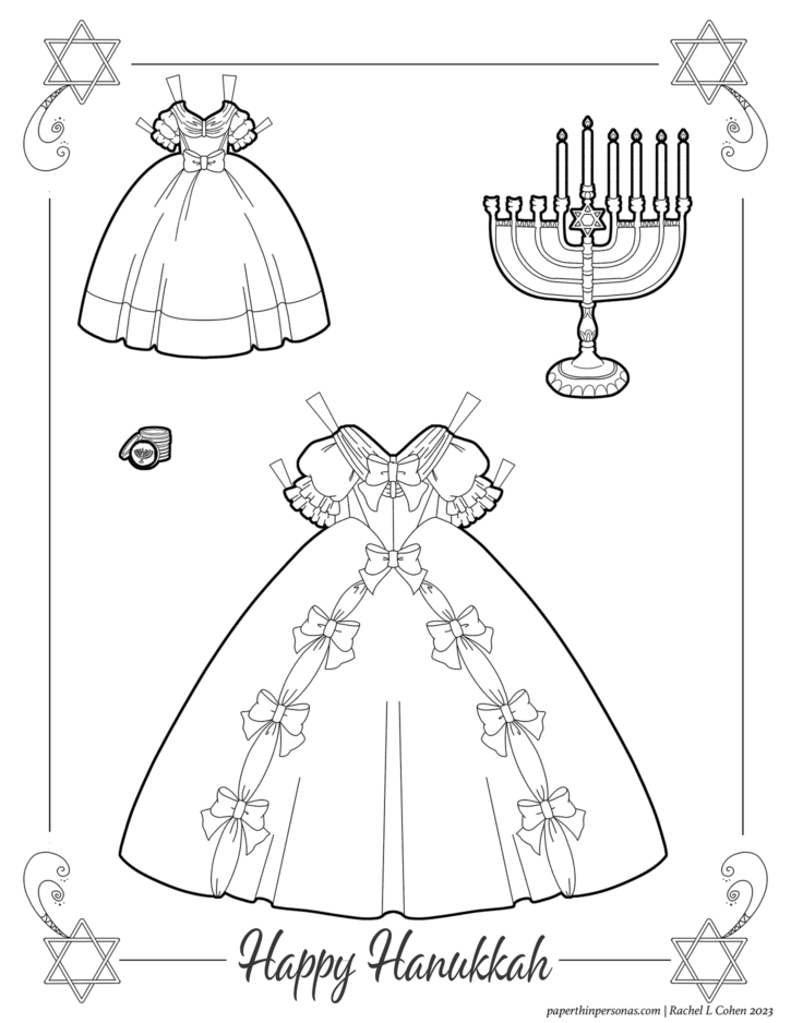 A ballgown coloring page for Hannukah with gelt and a menorah. A very cute hand-drawn Hanukkah paper doll craft for kids.