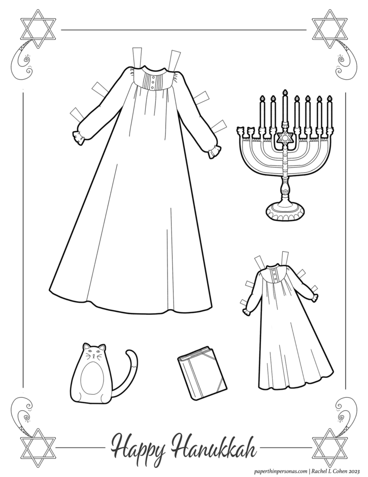 A Hanukkah printable paper doll coloring page with nightgowns and a menorah on it.