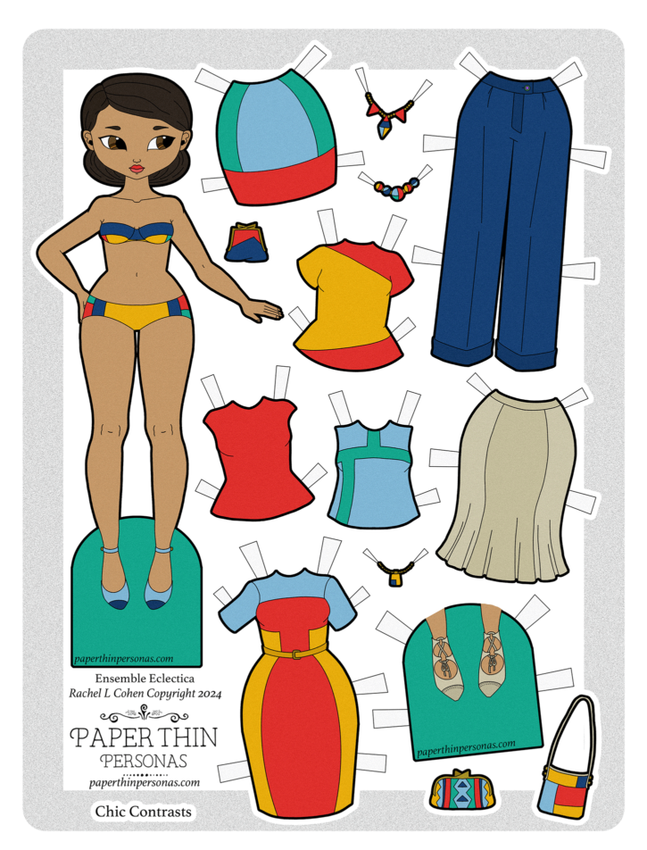 Colorful printable modern Asian paper doll with a mix and match wardrobe. 