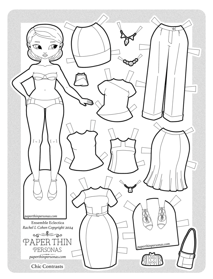 Printable modern Asian paper doll coloring page with a 14 piece mix and match wardrobe. 