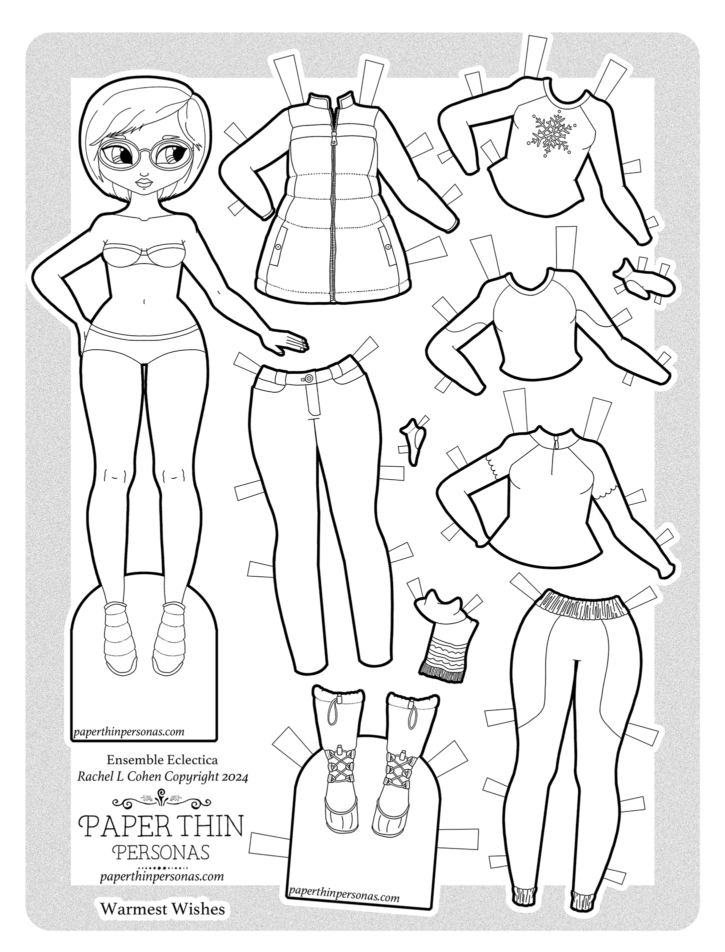 A cute winter paper doll coloring page with short brown hair, glasses and an eight piece mix and match wardrobe.