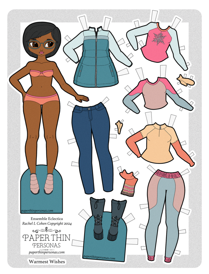 A cute winter paper doll with short brown hair, glasses and an eight piece mix and match wardrobe.