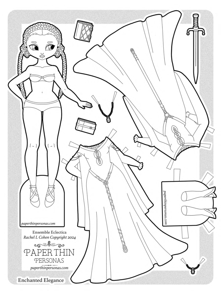 A printable medieval princess paper doll coloring page with two fantasy gowns and accessories. She has braided hair and two fantasy gowns, along with other accessories.
