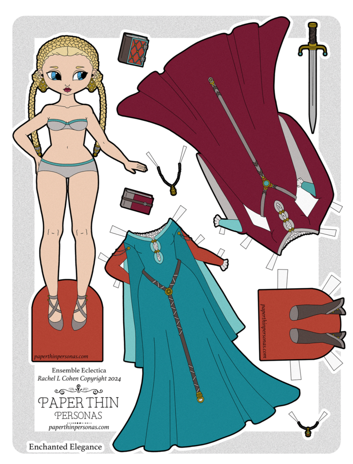 A printable medieval princess paper doll with two fantasy gowns and accessories. She has long blond hair and two fantasy gowns.