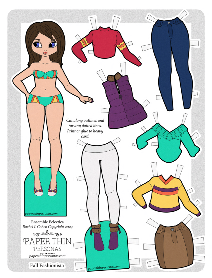 A Printable Brunette Paper Doll with a mix and match wardrobe. 