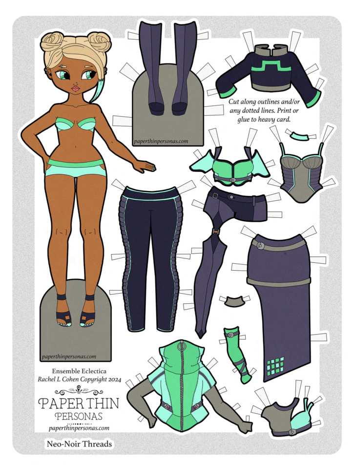 A cyberpunk fashion paper doll with blond hair and a green and brown color scheme.