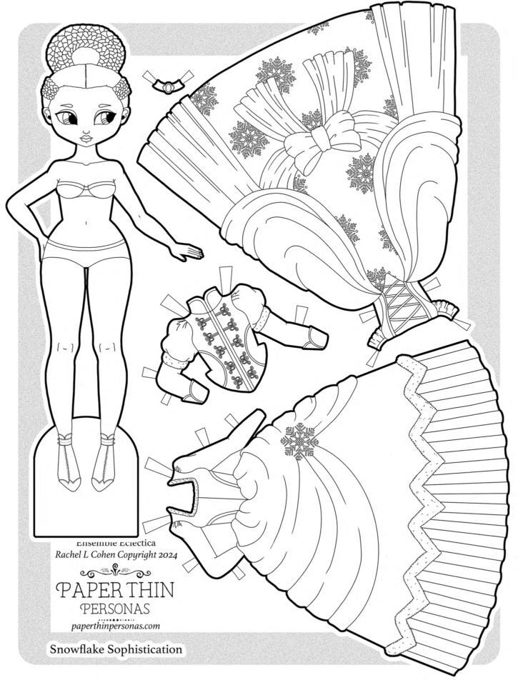 A winter princess paper doll coloring page with two dresses and accessories.