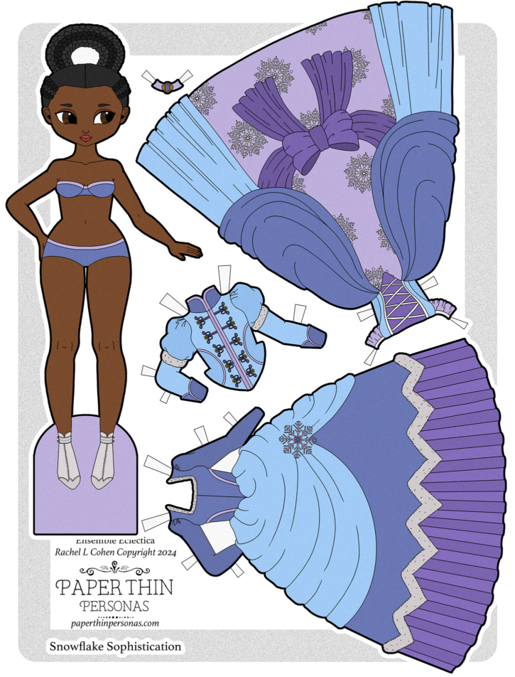 A winter princess paper doll with two dresses and accessories.