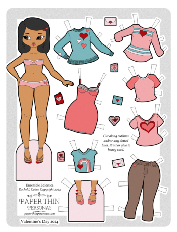 An illustration of my Valentine's Day paper doll with her heart themed wardrobe. She was the most popular paper doll of 2024.