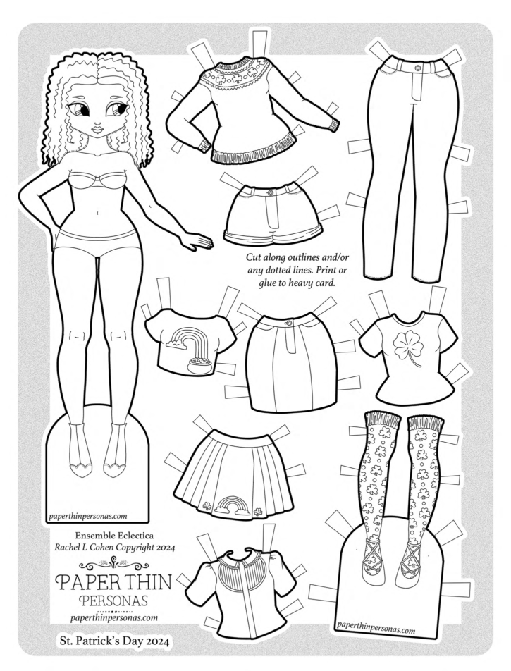 A black and white printable paper doll celebrating St. Patrick's Day! 