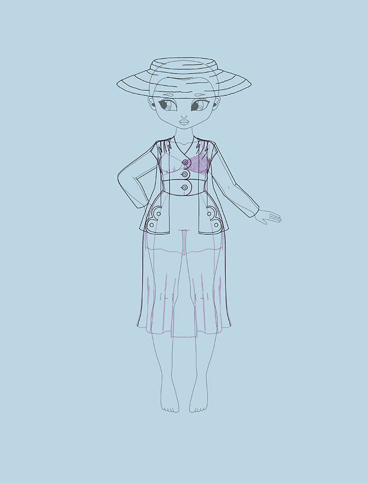A drawing of a woman wearing a dress from 1936.