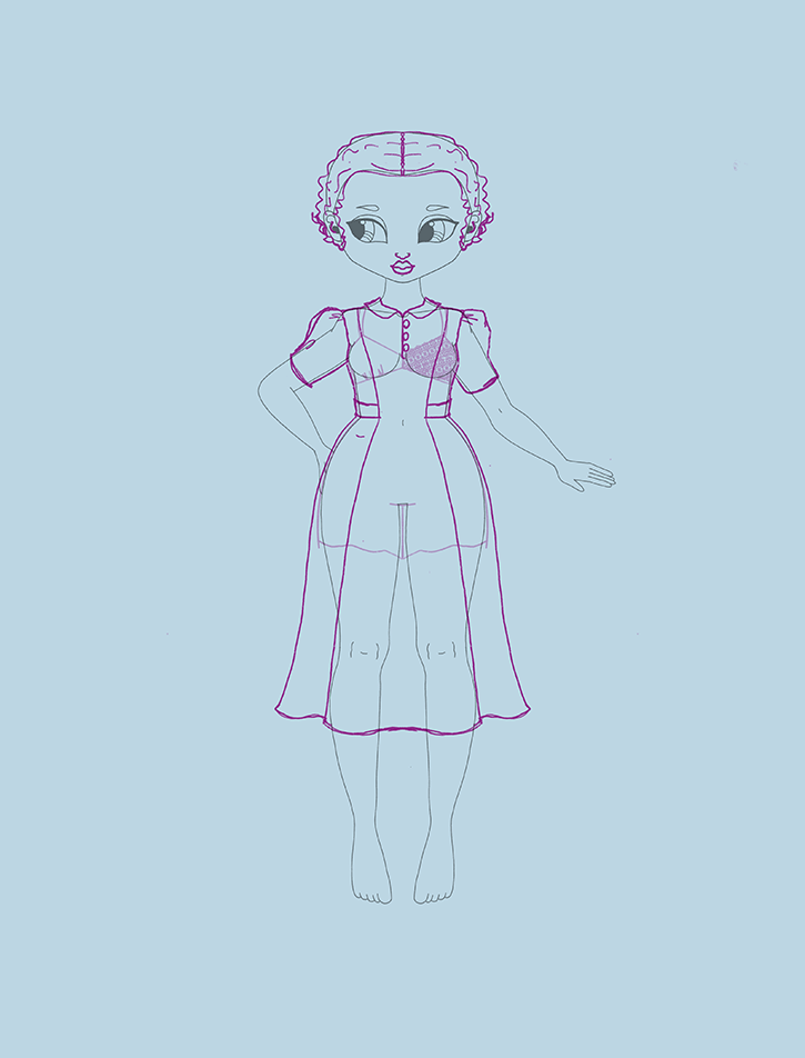 A drawing of a woman wearing a dress from 1938.