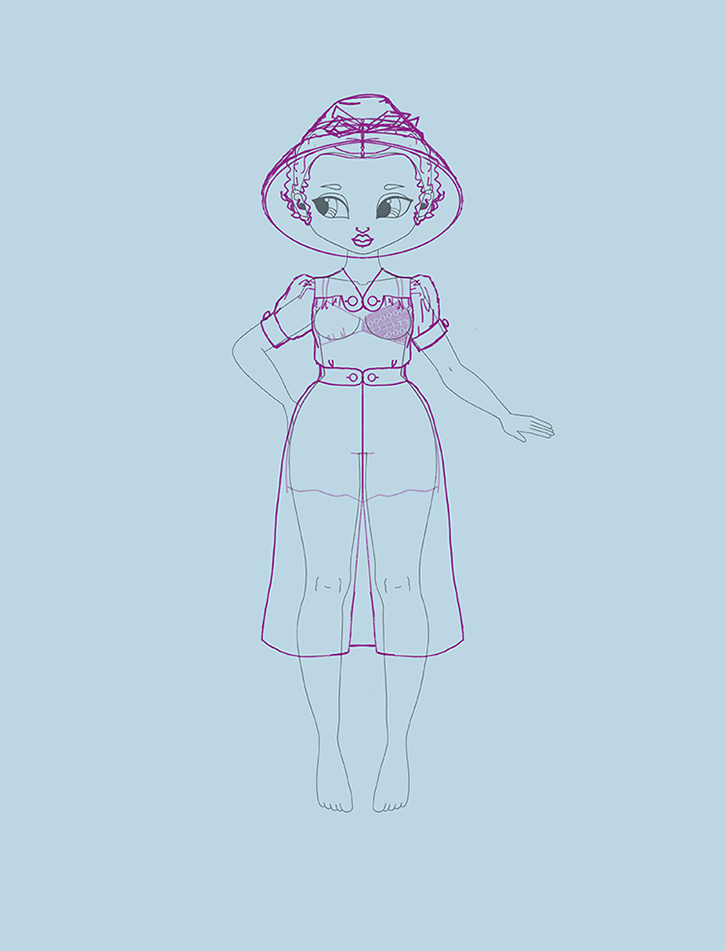 A drawing of a woman wearing a dress and hat from 1938.