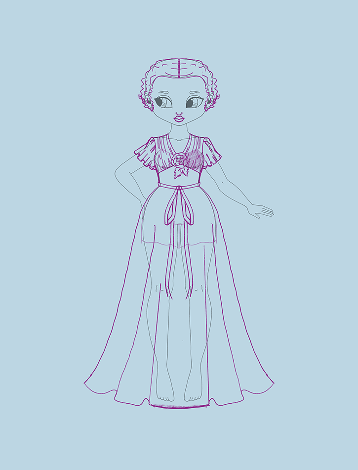 A drawing of a woman wearing a formal dress from 1938.