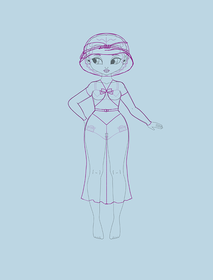 A drawing of a woman wearing a dress and hat from 1938.