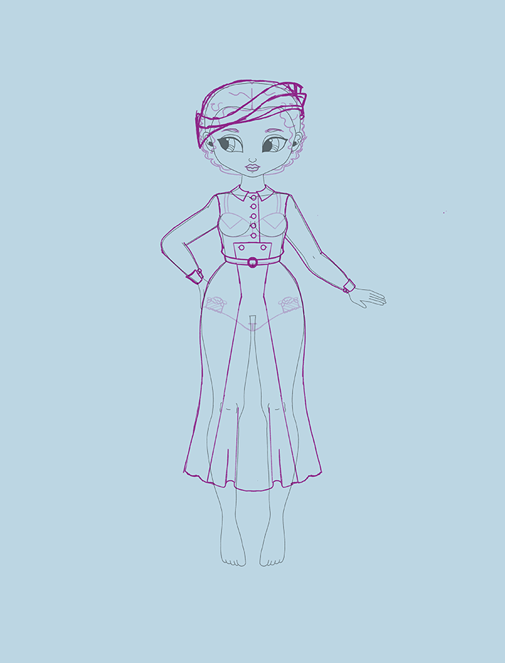 A drawing of a woman wearing a dress from 1938.