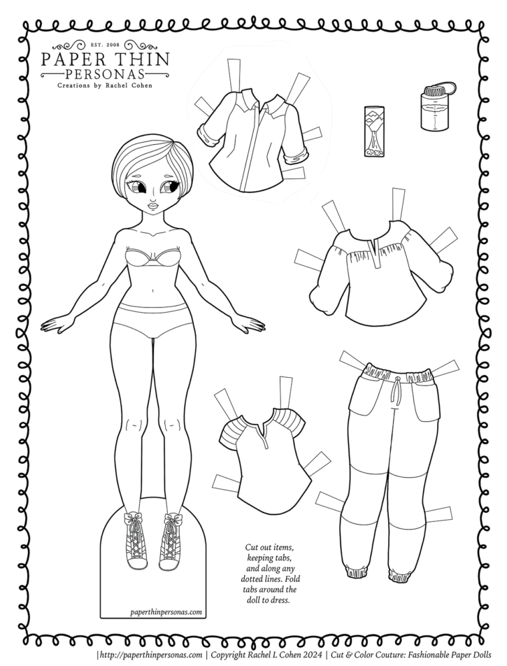 A hiking paper doll printable coloring page with three shirts, a pair of hiking pants, a map and a water bottle. She can share clothing with the other paper dolls in the Cut and Color Couture collection.