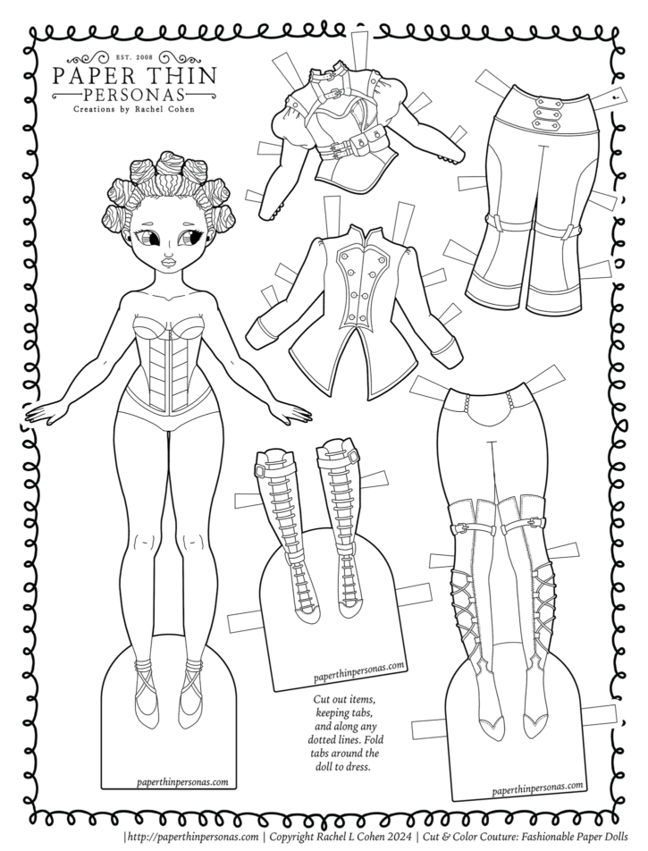 A steampunk printable paper doll with outfits to color. There are five different clothing pieces.