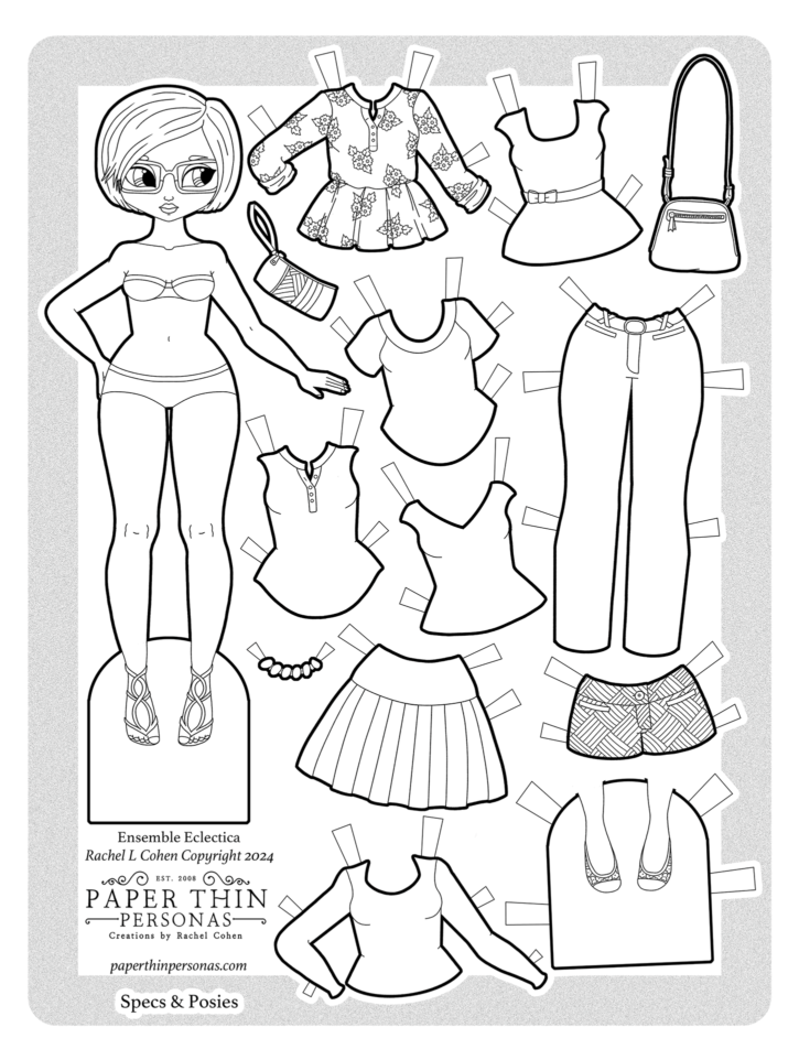 Cute printable paper doll with glasses and several different mix and match pieces. This fun coloring page for kids. She has thirteen mix and match pieces.
