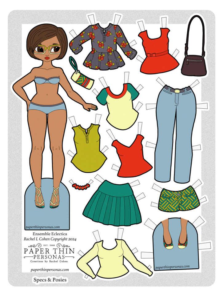 Cute printable paper doll with glasses and several different mix and match pieces. She has thirteen mix and match pieces with a modern colorful theme.