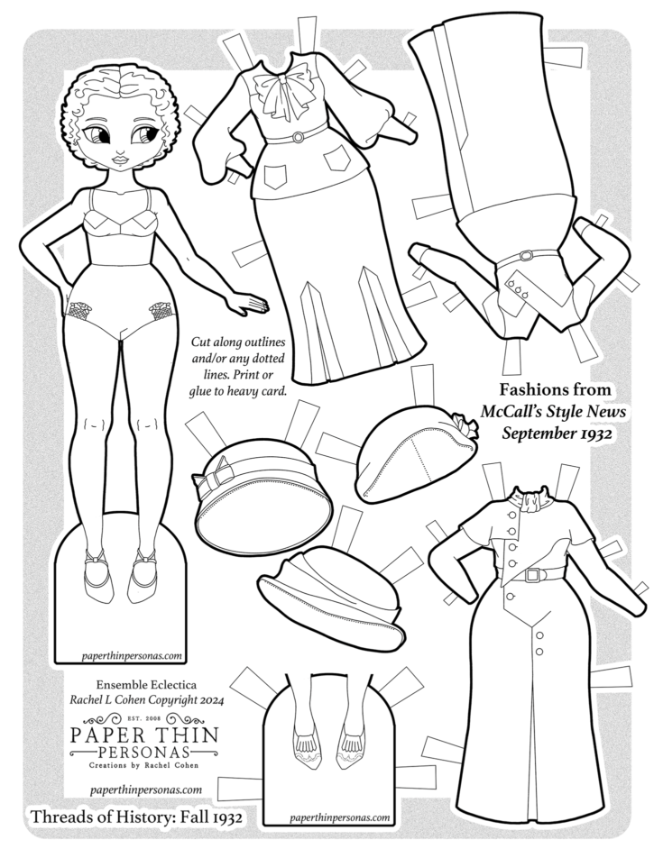 A printable 1932 fashion paper doll coloring page with a coat and two dresses. 