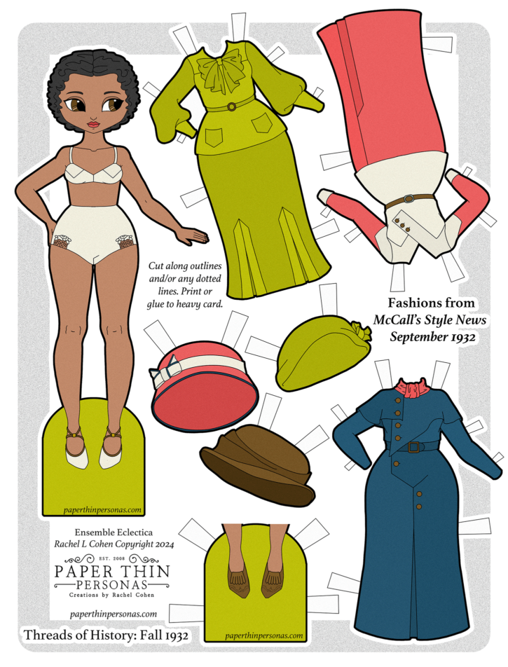 A printable paper doll with clothing from 1932 with a coat and two dresses. 