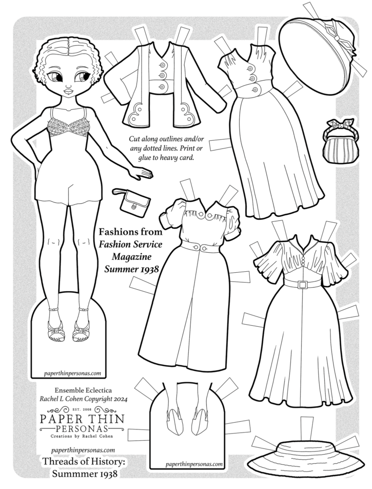 A fashionable lady 1938 paper doll with a four piece wardrobe to color and play with.