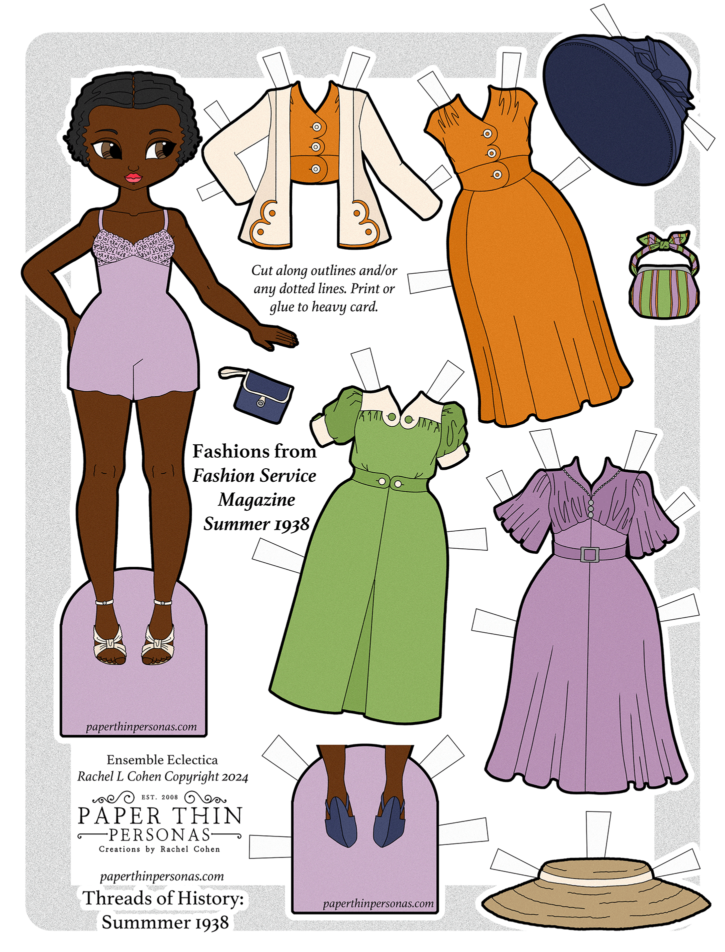 A fashionable black lady 1938 paper doll with a four piece wardrobe to print.