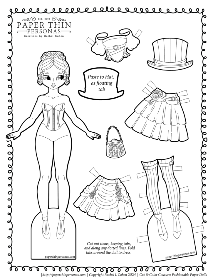 A steampunk dress-up doll to print with a six piece mix and match wardrobe.
