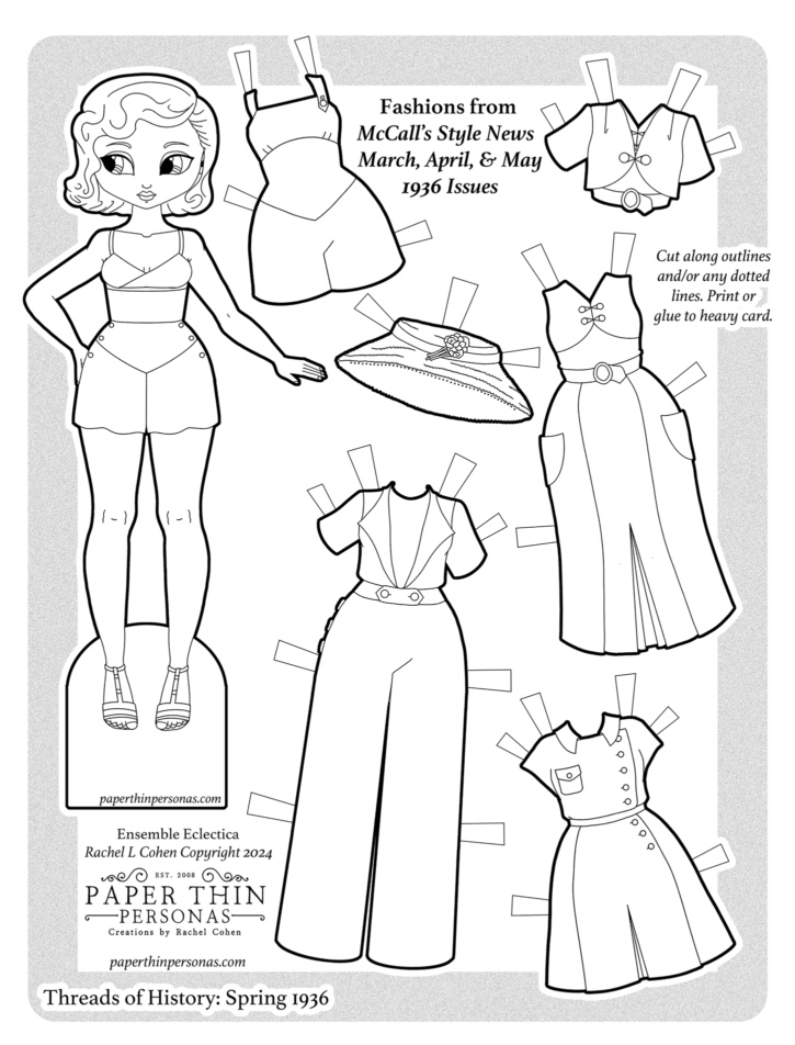  A 1930s fashion paper doll with clothing from a 1936 issue of McCall's style news including a six piece mix and match wardrobe to color.